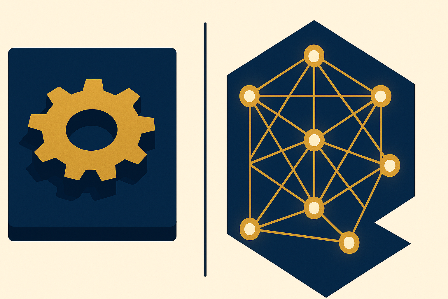 A single gear beside an interconnected node web, comparing AI agents and agentic AI