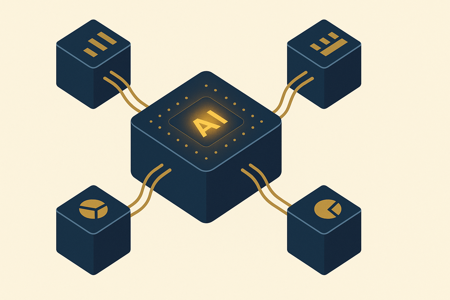 Isometric illustration of an AI-native SaaS architecture with real-time data and a central AI core