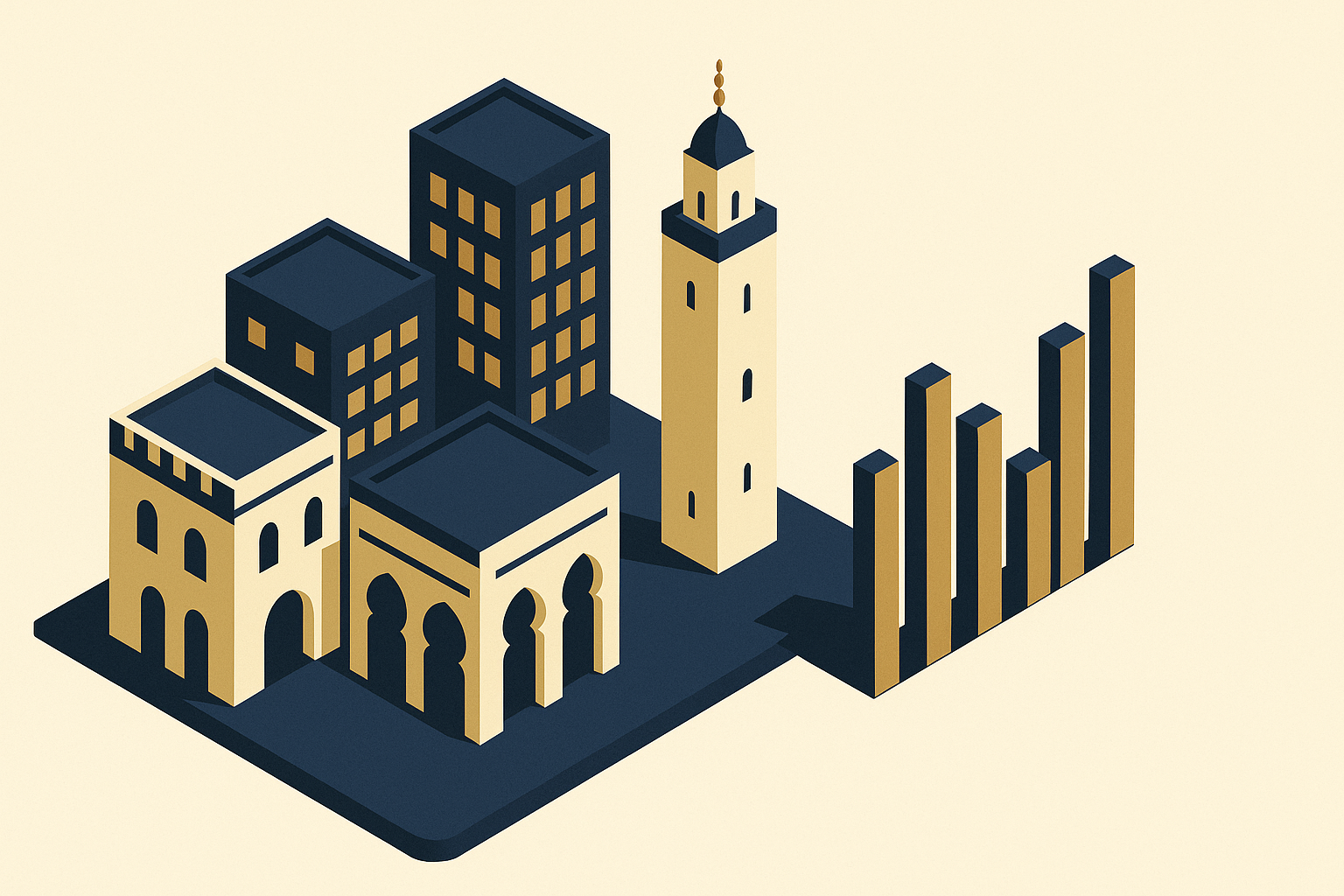 Isometric illustration of a Moroccan city skyline beside a rising-and-falling bar chart, representing Morocco's shifting 2026 property market