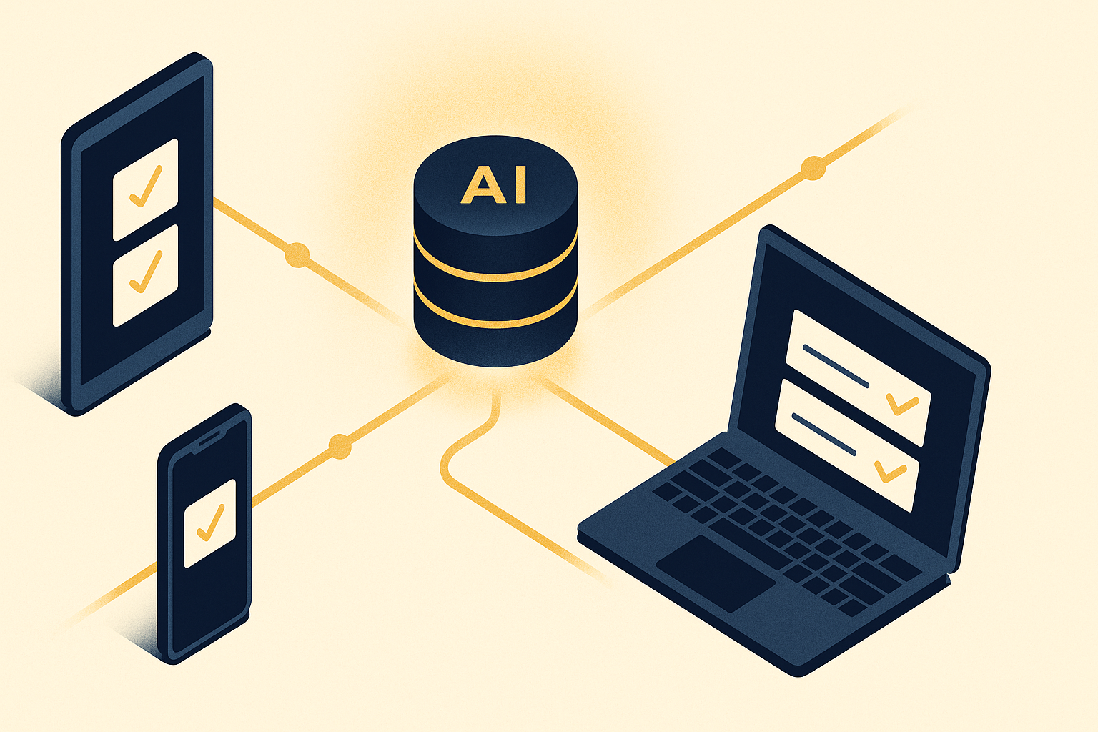 A central database instantly syncing live updates to phone, laptop and tablet