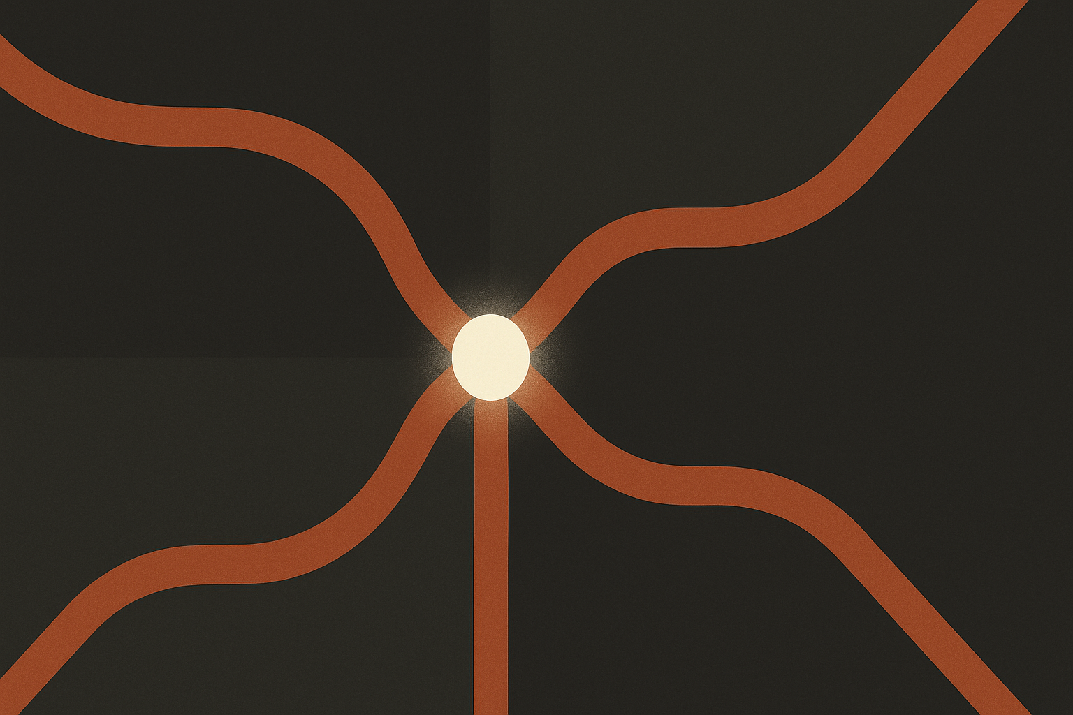 Four converging paths merging into a single glowing node, representing SEO, AEO, GEO and AIO unifying into one search-optimization discipline